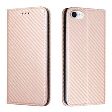 Custodia per iPhone 16e in pelle con chiusura magnetica e trama in fibra di carbonio (oro rosa)