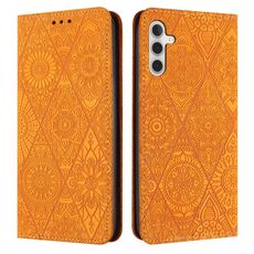 Custodia in pelle adsorbimento con motivo etnico in rilievo per Samsung Galaxy A56 5G (gialla)