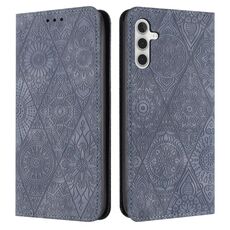 Custodia in pelle adsorbimento con motivo etnico in rilievo per Samsung Galaxy A56 5G (grigio)