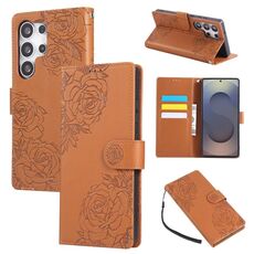 Custodia in pelle con 3 slot per carte di credito e motivo a fiori di rosa per Samsung Galaxy S25 Ultra 5G (marrone)