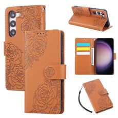 Custodia in pelle con 3 slot per carte di credito e motivo a fiori di rosa per Samsung Galaxy S23 5G (marrone)