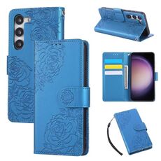 Custodia in pelle con 3 slot per carte di credito e motivo a fiori di rosa per Samsung Galaxy S23 5G (blu)