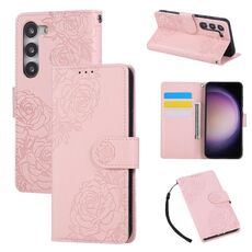 Custodia in pelle con 3 slot per carte di credito e motivo a fiori di rosa per Samsung Galaxy S23 5G (rosa)