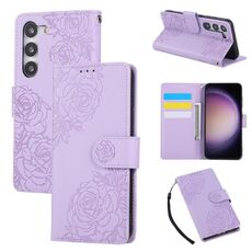 Custodia in pelle con 3 slot per carte di credito e motivo a fiori di rosa per Samsung Galaxy S23 5G (viola)