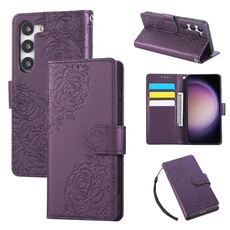 Custodia in pelle con 3 slot per carte di credito e motivo a fiori di rosa per Samsung Galaxy S23 5G (viola scuro)