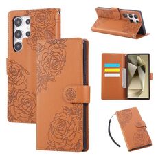 Custodia in pelle con 3 slot per carte di credito e motivo a fiori di rosa per Samsung Galaxy S24 Ultra 5G (marrone)