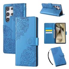 Custodia in pelle con 3 slot per carte di credito e motivo a fiori di rosa per Samsung Galaxy S24 Ultra 5G (blu)