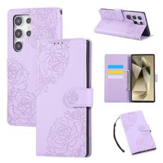 Custodia in pelle con 3 slot per carte di credito e motivo a fiori di rosa per Samsung Galaxy S24 Ultra 5G (viola)