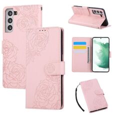Custodia in pelle con 3 slot per carte di credito e motivo a fiori di rosa per Samsung Galaxy S22+ 5G (rosa)
