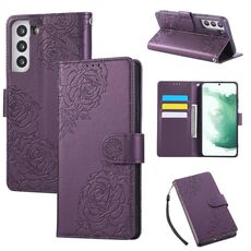 Custodia in pelle con 3 slot per carte di credito e motivo a fiori di rosa per Samsung Galaxy S22+ 5G (viola scuro)