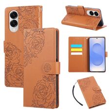Custodia in pelle con 3 slot per carte di credito e motivo a fiori di rosa per Samsung Galaxy S25 Edge 5G (marrone)