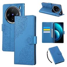 Custodia in pelle con 3 slot per carte di credito e motivo a fiori di rosa per vivo X100 Pro 5G / 100s Pro 5G (blu)