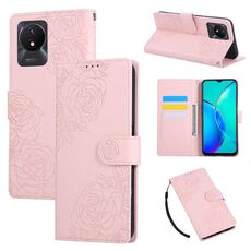 Custodia in pelle con 3 slot per carte di credito e motivo a fiori di rosa per vivo Y02 / Y11 2023 / Y02A (rosa)