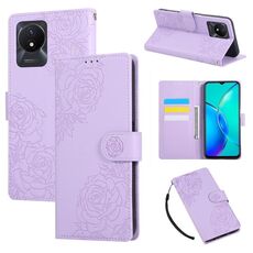 Custodia in pelle con 3 slot per carte di credito e motivo a fiori di rosa per vivo Y02 / Y11 2023 / Y02A (viola)
