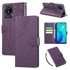 Custodia in pelle con 3 slot per carte di credito e motivo a fiori di rosa per vivo Y02 / Y11 2023 / Y02A (viola scuro)