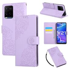 Custodia in pelle con 3 slot per carte di credito e motivo a rose in rilievo per vivo Y21 2021 / Y33s (viola)
