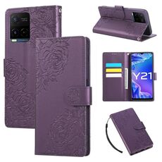 Custodia in pelle con 3 slot per carte di credito e motivo a rose in rilievo per vivo Y21 2021 / Y33s (viola scuro)
