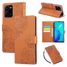 Custodia in pelle con 3 slot per carte di credito e motivo a fiori di rosa per vivo Y35 4G 2022 / Y22s (marrone)