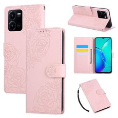 Custodia in pelle con 3 slot per carte di credito e motivo a fiori di rosa per vivo Y35 4G 2022 / Y22s (rosa)