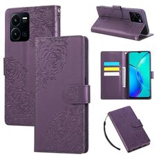 Custodia in pelle con 3 slot per carte di credito e motivo a fiori di rosa per vivo Y35 4G 2022 / Y22s (viola scuro)