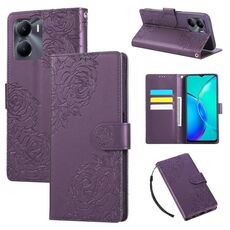 Custodia in pelle con 3 slot per carte di credito e motivo a rose in rilievo per vivo Y56 5G (viola scuro)