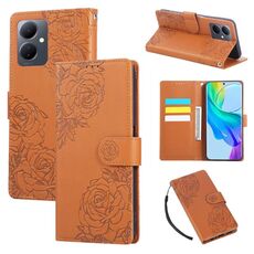 Custodia in pelle con 3 slot per carte di credito e motivo a rose in rilievo per vivo Y78 5G (marrone)