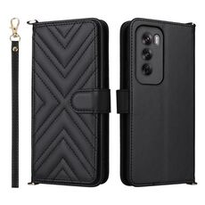 Custodia in pelle multifunzionale con 6 slot per schede per OPPO Reno12 Pro 5G, con cinturino da polso (nero)