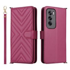 Custodia in pelle multifunzionale con 6 slot per schede per OPPO Reno12 Pro 5G, con cinturino da polso (rosso rosa)