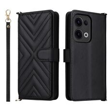 Custodia in pelle multifunzionale con 6 slot per schede per OPPO Reno13 5G, con cinturino da polso (nero)