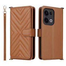 Custodia in pelle multifunzionale con 6 slot per schede per OPPO Reno13 5G, con cinturino da polso (marrone)