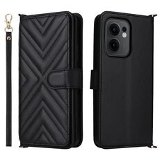 Custodia in pelle multifunzione con 6 slot per schede per OPPO Reno13 F 4G / 5G e cinturino da polso (nero)
