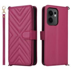 Custodia in pelle multifunzione con 6 slot per schede per OPPO Reno13 F 4G / 5G con cinturino da polso (rosso rosa)