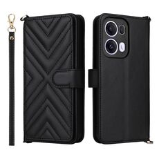 Custodia in pelle multifunzionale con 6 slot per schede per OPPO Reno13 Pro 5G, con cinturino da polso (nero)