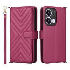 Custodia in pelle multifunzionale con 6 slot per schede per OPPO Reno13 Pro 5G, con cinturino da polso (rosso rosa)
