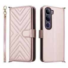 Custodia in pelle multifunzionale con 6 slot per schede per vivo V40 Lite 4G / 5G IDN / Y300 5G con cinturino da polso (rosa)