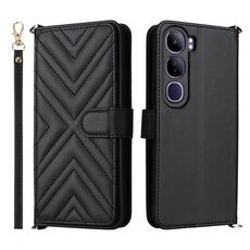 Custodia in pelle multifunzione con 6 slot per schede per vivo V40 Lite 4G / 5G IDN / Y300 5G con cinturino da polso (nero)