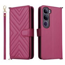 Custodia in pelle multifunzionale con 6 slot per schede per vivo V40 Lite 4G / 5G IDN / Y300 5G con cinturino da polso (rosso rosa)