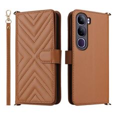 Custodia in pelle multifunzionale con 6 slot per schede per vivo V40 Lite 4G / 5G IDN / Y300 5G con cinturino da polso (marrone)
