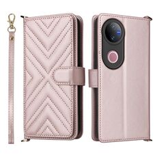 Custodia in pelle multifunzionale con 6 slot per schede per vivo V50 5G e cinturino da polso (rosa)