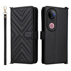 Custodia in pelle multifunzionale con 6 slot per schede per vivo V50 5G e cinturino da polso (nera)