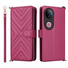 Custodia in pelle multifunzionale con 6 slot per schede per vivo V50 5G e cinturino da polso (rosso rosa)