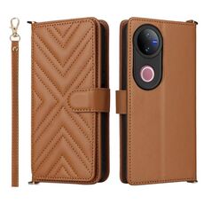 Custodia in pelle multifunzionale con 6 slot per schede per vivo V50 5G e cinturino da polso (marrone)