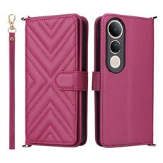 Custodia in pelle multifunzionale con 6 slot per schede per vivo V50 Lite 5G e cinturino da polso (rosso rosa)