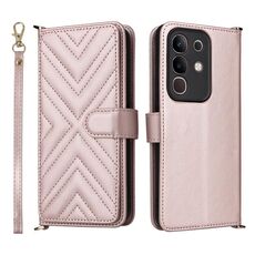 Custodia in pelle multifunzionale con 6 slot per schede per vivo Y29 4G / T4x 5G e cinturino da polso (rosa)