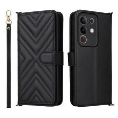 Custodia in pelle multifunzionale con 6 slot per schede per vivo Y29 4G / T4x 5G e cinturino da polso (nero)
