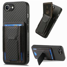 Custodia per telefono con supporto pieghevole in fibra di carbonio per iPhone 16e (nero)