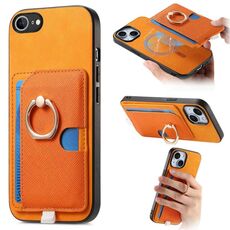Custodia per iPhone 16e con inserto laterale in pelle con anello a croce retrò e tasca porta carte MagSafe (gialla)