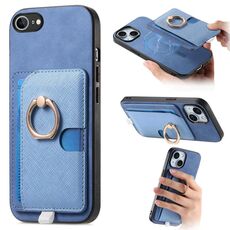 Custodia per iPhone 16e con inserto laterale in pelle con anello a croce retrò e tasca porta carte MagSafe (blu)