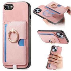 Custodia per iPhone 16e con inserto laterale in pelle con anello a croce retrò e tasca porta carte MagSafe (rosa)