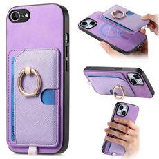 Custodia per iPhone 16e con inserto laterale in pelle con anello a croce retrò e tasca porta carte MagSafe (viola)